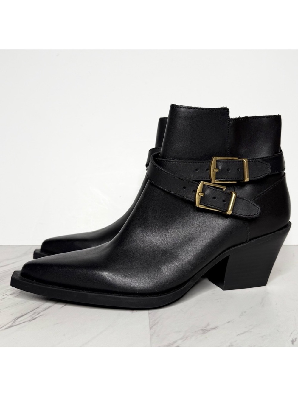 Dolce Vita Buckle Black Leather Stacked Heel Pointy Toe Bootie 7 1/2
